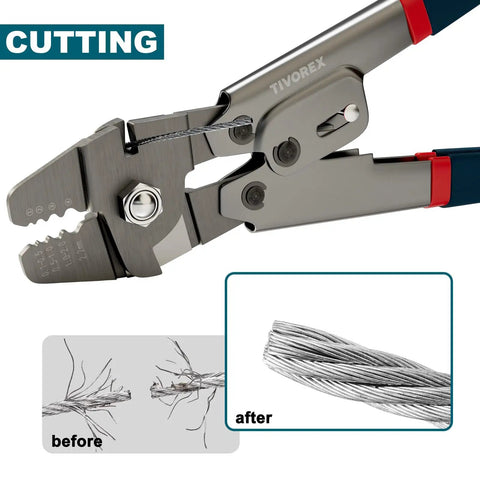 Premium Wire Rope Crimp Tool Kit With Built In Cutter For DIYers showcasing cutting feature with before and after results