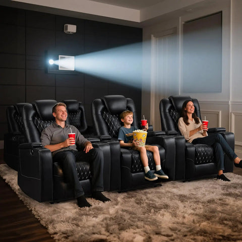 Family enjoying movie night on Power Recliner Chair with USB Ports and Cup Holders for Home Theater Vibes and Cozy Movie Nights