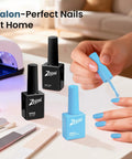 Applying Hema Free Gel Nail Polish Baby Blue With Matching Bottle And Color Coordinated Shade One Bottle UV Gel Polish Kit