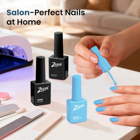 Applying Hema Free Gel Nail Polish Baby Blue With Matching Bottle And Color Coordinated Shade One Bottle UV Gel Polish Kit