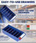 Heavy Duty 75 Drawer Parts Cabinet With Stainless Steel Frame And ABS Drawers, close-up of blue ABS drawer with dividers and label slot.