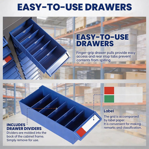 Heavy Duty 75 Drawer Parts Cabinet With Stainless Steel Frame And ABS Drawers, close-up of blue ABS drawer with dividers and label slot.