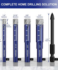 Front view of 6-piece diamond drill bit set for porcelain and tile, blue holders, sizes 1/4", 5/16", 3/8", 1/2".