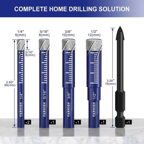 Front view of 6-piece diamond drill bit set for porcelain and tile, blue holders, sizes 1/4", 5/16", 3/8", 1/2".
