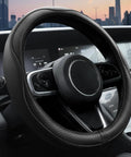 Premium Microfiber Leather Steering Wheel Cover With Non Slip Grip Reinforced Stitching Universal Fit For 14.5 To 15 Inch Cars Black Exterior in modern car interior.
