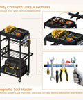 4 Tier Tool Organizer Cart With Magnetic Tool Holder Strip, Heavy Duty Rolling Workshop Cart For Garage, shown with tools and storage features.