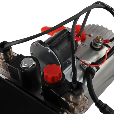 Get This Bad Boy 3KW Hydraulic Pump With A Massive Steel Tank For Your Dump Trailer, Car Lift Or Snow Plow close-up of motor and valve.