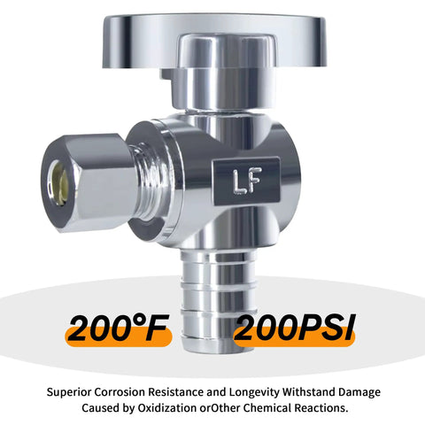 Close-up of Angle Stop Valve Set Ten Pack One Half Inch Pex To Three Eighths Inch OD Compression Easy Install Quarter Turn Water Shut Off Valve