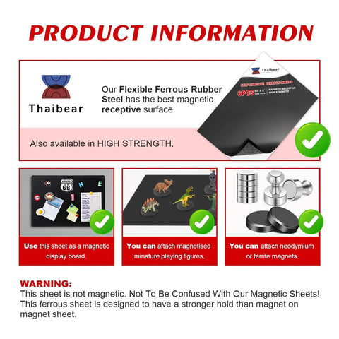 Product information displaying uses of flexible ferrous rubber steel sheet for magnetic projects and warning about non-magnetic nature.