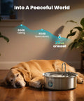 Dog sleeping beside 7L Stainless Steel Dog Water Fountain With Visual Water Level Ultra Quiet Pump Five Stage Filtration