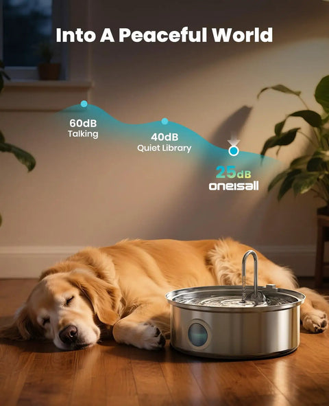 Dog sleeping beside 7L Stainless Steel Dog Water Fountain With Visual Water Level Ultra Quiet Pump Five Stage Filtration