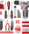 8V Cordless Drill With LED Light And 146 Piece Home Repair Tool Set In Portable Box Hand Drill Kit displayed with tools