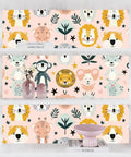 Dead Simple Peel And Stick Wallpaper Pink Safari Jungle Zoo Design Self Adhesive Vinyl Roll showcasing cute animal patterns on a smooth shelf.