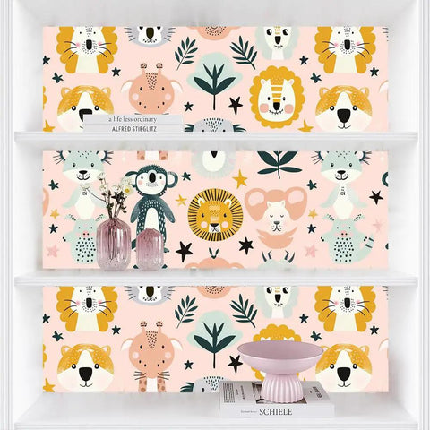 Dead Simple Peel And Stick Wallpaper Pink Safari Jungle Zoo Design Self Adhesive Vinyl Roll showcasing cute animal patterns on a smooth shelf.