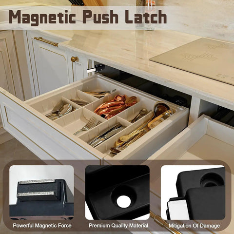 Open cabinet drawer with kitchen utensils using 4 Pack Magnetic Push Latch Cabinet Hardware No Fuss Push To Open Touch Latch