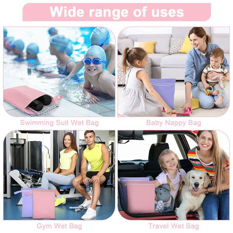 Two Pack Reusable Wet Bags With Handles And Zippers Ultra Lightweight Waterproof Cloth Diaper And Laundry Bags shown for various uses