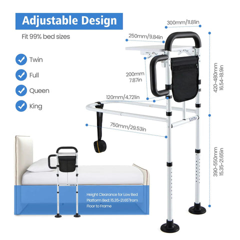 Bed Rails For Elderly Safety With Two Ergonomic Handles, 18 Level Adjustable Height, foldable table shown by bed