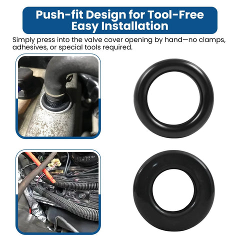 Valve cover breather grommets, 2-pack, black PVC, 0.75 in and 1 in inner diameter, oil- and heat-resistant