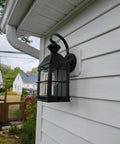 All Weather Universal Siding Mounting Block With Built In Electrical Box For Outdoor Lights Cameras And Outlets White Mounting Bracket For Vinyl Wood Fiber Cement And Stucco Siding 1 Pack, black lantern on white siding