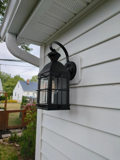All Weather Universal Siding Mounting Block With Built In Electrical Box For Outdoor Lights Cameras And Outlets White Mounting Bracket For Vinyl Wood Fiber Cement And Stucco Siding 1 Pack, black lantern on white siding