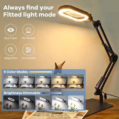 10X Rectangle Magnifying Glass With Light And Stand for Close Work and Reading Hands Free LED Desk Lamp with Clamp and Modes