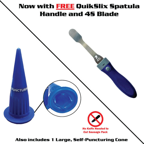 Image of 620AL Blue Round Rod Caulk Gun With Aluminum Barrel Eighteen To One Thrust Ratio For Smooth Precise Application, featuring blue QuikSlix spatula handle and puncturing cone.