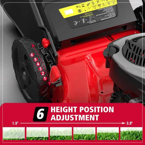 21 Inch Self Propelled Gas Lawn Mower With 140cc Briggs And Stratton Engine, 3 In 1 Mulch Bag Side Discharge, Six Cutting Heights, Durable Steel Deck, Rear Wheel Drive, ReadyStart For Easy Starts showing 6-position height adjustment