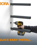 Installation of Six Level Wall Mounted Metal Lumber Rack For Garage Organization And Heavy Duty Wood Storage Shelf.