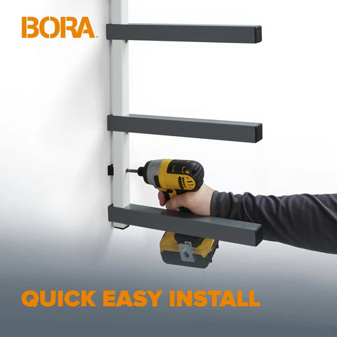 Installation of Six Level Wall Mounted Metal Lumber Rack For Garage Organization And Heavy Duty Wood Storage Shelf.