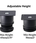 Set Of 4 Adjustable 2 Inch Stainless Steel Furniture Legs For Cabinets Sofas Tables And Shelves Round 2 Inch Diameter Feet Includes Mounting Plate And Screws Heavy Duty Durable Black Finish showing max and min height adjustment.
