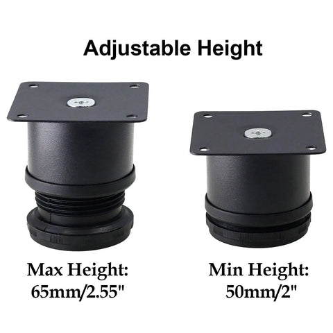 Set Of 4 Adjustable 2 Inch Stainless Steel Furniture Legs For Cabinets Sofas Tables And Shelves Round 2 Inch Diameter Feet Includes Mounting Plate And Screws Heavy Duty Durable Black Finish showing max and min height adjustment.