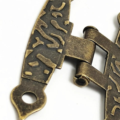 Close-up of 4Pcs Antique Vintage H Shaped Cabinet Door Hinge, durable metal with screws, for decor in jewelry boxes and old furniture.