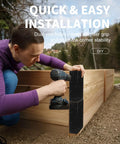 Person installing Hard Core 8 Pack Heavy Duty Steel Corner Brackets For Raised Garden Beds on wooden planter.
