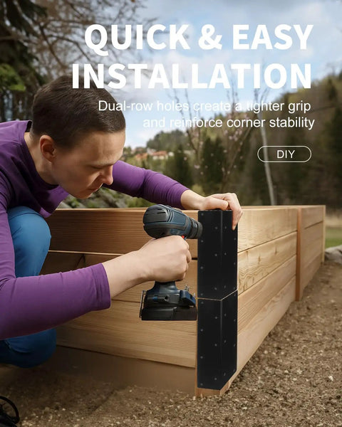 Person installing Hard Core 8 Pack Heavy Duty Steel Corner Brackets For Raised Garden Beds on wooden planter.