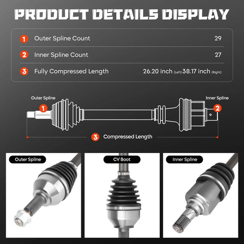 Diagram showing Nissan Altima And Rogue 2.5L CV Axle Shaft Assembly Beefy Replacement Fits 2007 To 2013 Altima Automatic CVT 2008 To 2013 Rogue FWD And 2014 To 2015 Rogue Select 1 Pair with specifications