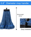 No-Sweat Heavy-Duty Mop Head Replacement, Screw-On Wet Industrial Cotton String Refill With Stiff Bristles, blue mop head with 0.8" diameter slot.