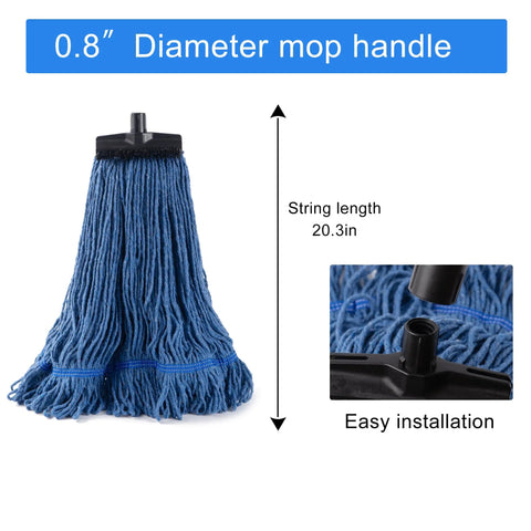 No-Sweat Heavy-Duty Mop Head Replacement, Screw-On Wet Industrial Cotton String Refill With Stiff Bristles, blue mop head with 0.8" diameter slot.