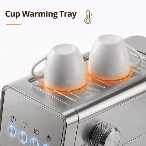 Compact Stainless Steel Espresso Maker With Auto Milk Frother And Steam Wand 20 Bar Pressure Quick Heating Coffee Machine with cup warming tray.