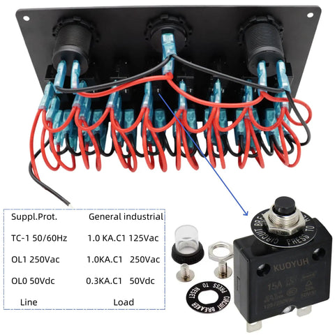 Rear view of 8 Gang Rocker Switch Panel With 15A Reset Circuit Breaker, wiring and components visible in marine vehicle accessory.