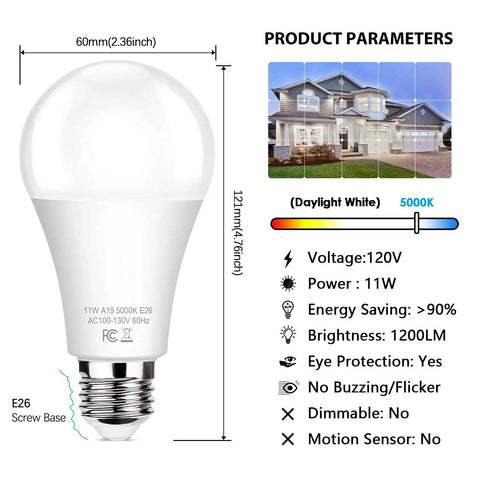 Diagram of Six Pack Dusk To Dawn A19 LED Light Bulbs 11W 1200 Lumens 100 Watt Equivalent E26 Base Auto On Off Outdoor Daylight White 5000K