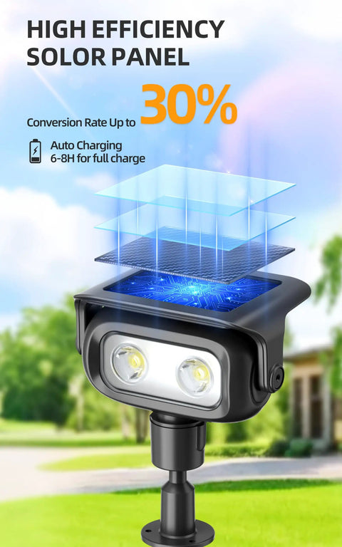 Robot Inspired Solar Spotlight Outdoor Waterproof With Auto On Off And Dual Brightness Modes For Garden Yard And Pathway Lighting Cool White 6 Pack Energy Efficient No Wiring Easy Setup showcasing high-efficiency solar panel with 30% conversion rate.
