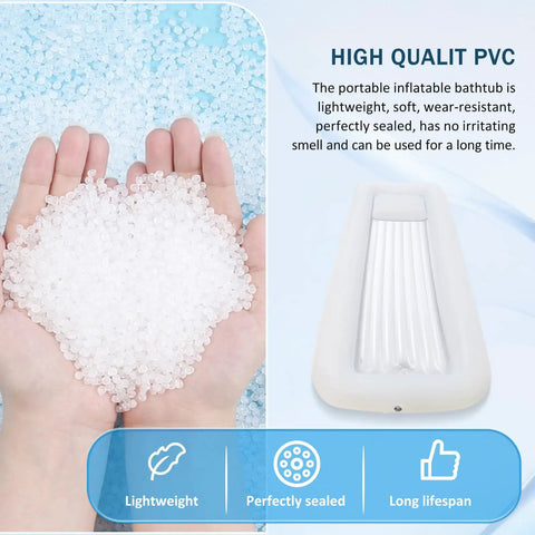 Heavy Duty Inflatable Bedside Shower Bath Kit Made From Medical Grade PVC showing lightweight granules and bathtub.