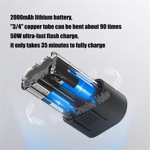 Pro Electric Copper Pipe Bender 1/4 To 7/8 Inch battery showing 2000mAh capacity for quick cordless operation.