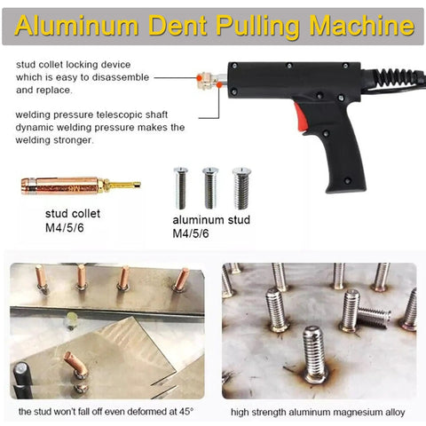 Aluminum Dent Pulling Machine with welder and M4/M5/6 stud collets shown in disassembled state with pressure shaft.