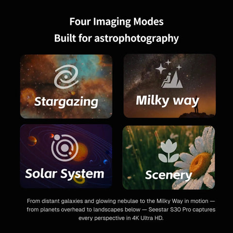 Seestar S30 Pro Smart Telescope With App Control featuring four imaging modes: Stargazing, Milky Way, Solar System, Scenery.