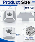 100 Piece Hella Tough 4040 Series Sliding T Nuts With Precision Metric M8 Threads for smooth gliding, showing dimensions 0.77in x 0.77in x 0.37in.