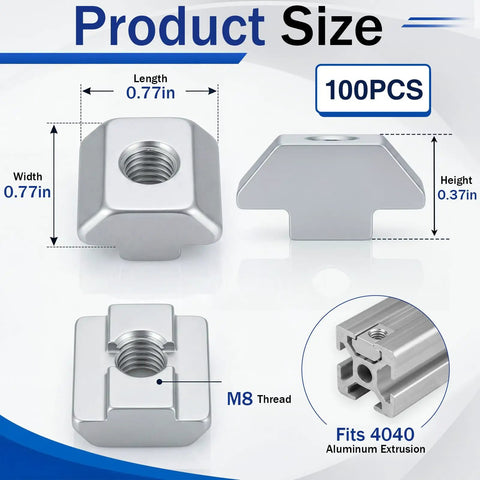 100 Piece Hella Tough 4040 Series Sliding T Nuts With Precision Metric M8 Threads for smooth gliding, showing dimensions 0.77in x 0.77in x 0.37in.