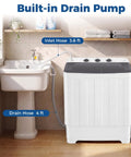 Portable Twin Tub Washing Machine With 19 Pound Washer And 11 Pound Spinner Dryer Featuring A Heavy Duty Drain Pump for easy hook-up with sink.