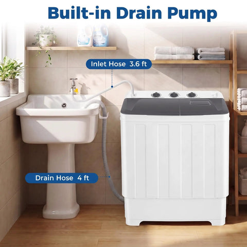 Portable Twin Tub Washing Machine With 19 Pound Washer And 11 Pound Spinner Dryer Featuring A Heavy Duty Drain Pump for easy hook-up with sink.