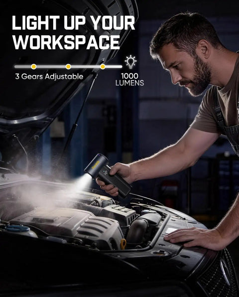 Man using High Power Electric Air Duster For PC, Car, And Home, 150000 RPM Brushless Motor under car hood